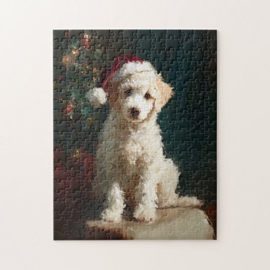 Witte Poodle Puppy Kerstschilderij Legpuzzel (Verticaal)