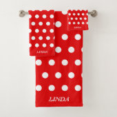 Witte pooldots op rode doekset bad handdoek (Insitu)
