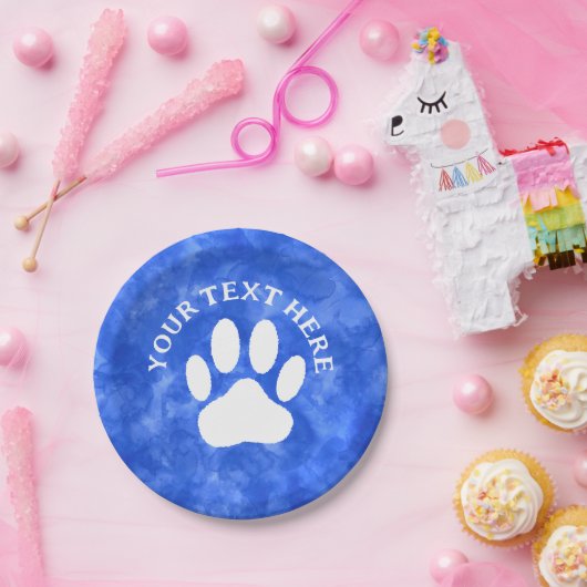 Witte Poot Print Aangepaste Tekst Blauwe Waterverf Papieren Bordje (Feest)