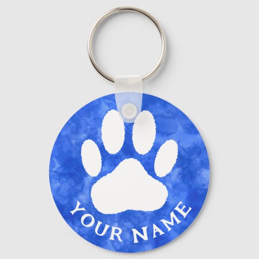 Witte Poot Print Aangepaste Tekst Blauwe Waterverf Sleutelhanger (Voorkant)