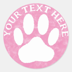 Witte pootafdruk aangepaste tekst roze waterverf v ronde sticker