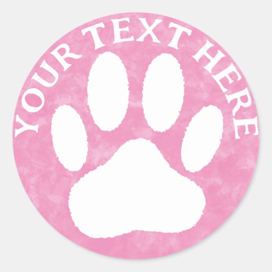 Witte pootafdruk aangepaste tekst roze waterverf v ronde sticker (Voorkant)