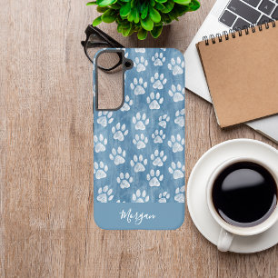 Witte pootafdrukken op blauwe naam – rustieke huis samsung galaxy hoesje