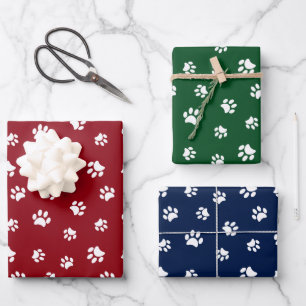 Witte Pootafdrukken Patroon op Rood Groen Blauw Inpakpapier Vel