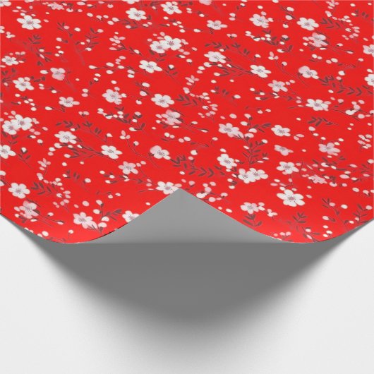 Witte posy print op rood cadeaupapier (Hoek)