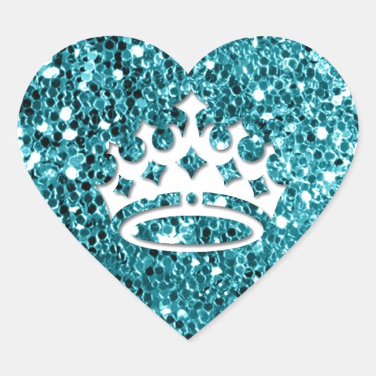 Witte prinses kroon op Aqua Glitter Look Hart Sticker (Voorkant)
