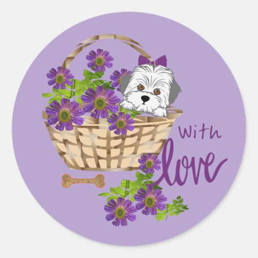 Witte Pup met liefde Ronde Sticker (Voorkant)