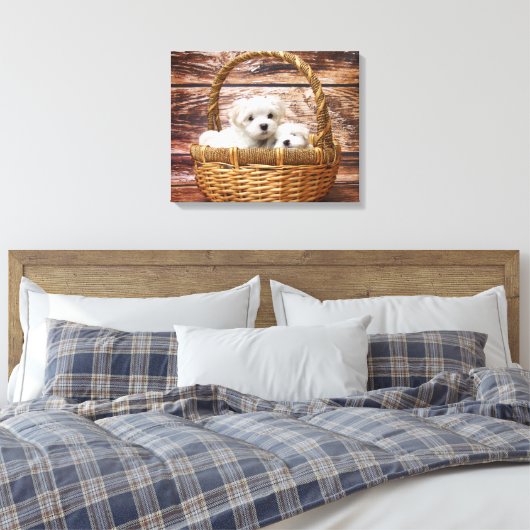 Witte Puppies in een mand Canvas Afdruk (Insitu (Slaapkamer))