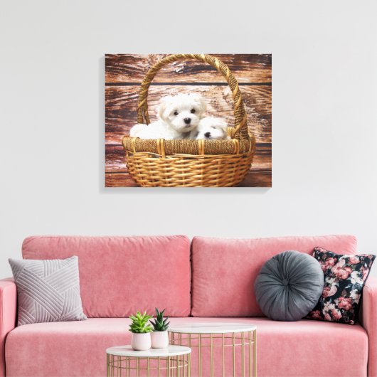 Witte Puppies in een mand Canvas Afdruk (Insitu (Woonkamer))