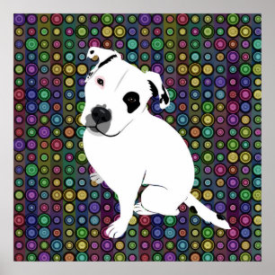 Witte puppy op rond cirkelpatroon poster