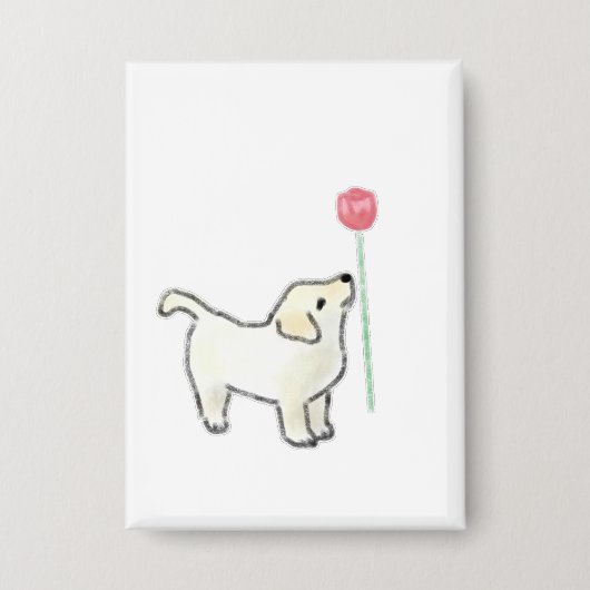 Witte Puppy Snuffelt aan Roze Bloem Button (Voorkant)