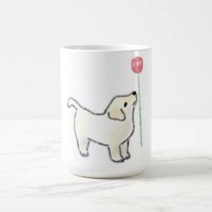 Witte Puppy Snuffelt aan Roze Bloem Koffiemok