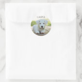 WITTE PUPPY STICKER MET NAAM VAN KIND OF PUPPY. (Tas)