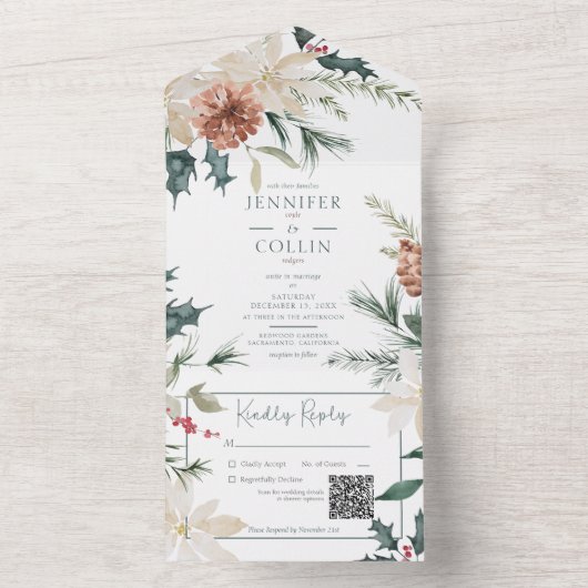 Witte QR-code voor Robuuste kerstpine & Berries All In One Uitnodiging (Binnen)