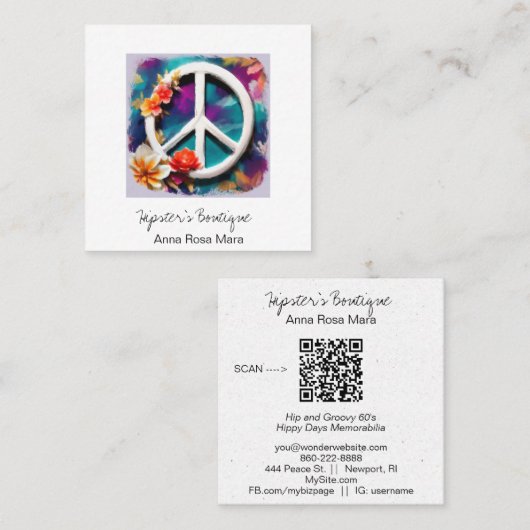 *~* Witte QR Vredesbord Bloemen Grunge Boho AP57 Vierkante Visitekaartje (Voorkant / Achterkant)