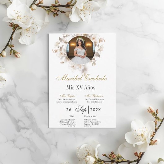 Witte quinceañera met foto uitnodiging