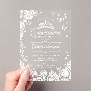 Witte Quinceanera Rozen Vlinders Acryl Uitnodigingen