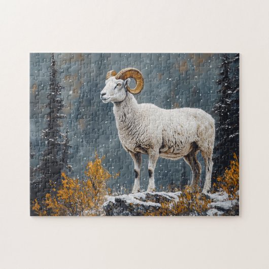 Witte Ram op de besneeuwde berg Legpuzzel (Horizontaal)
