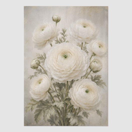 Witte Ranunculus Decoupage Papier | Vintage Sfeer (Voorkant)