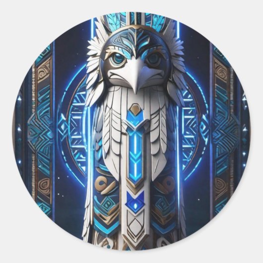 Witte Raven Blauwe Totem Ronde Sticker (Voorkant)