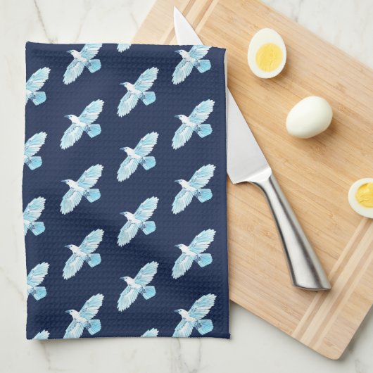 Witte Ravens op Blauw Theedoek (Quarter Fold)