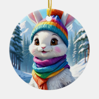 Witte Regenboog Winter Konijn Keramisch Ornament