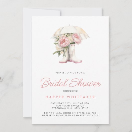 Witte Regenlaarzen & Roze Pioenbruiloft Feest Kaart (Voorkant)