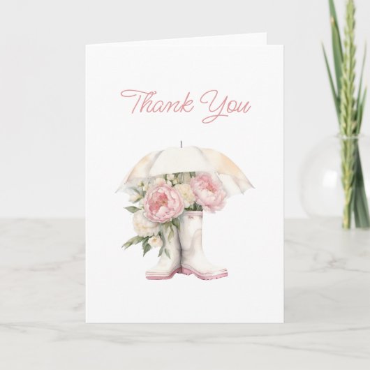 Witte Regenlaarzen & Roze Pioenbruiloftsdiner Bedankkaart (Voorkant)
