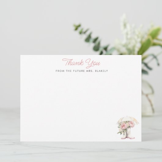 Witte Regenlaarzen & Roze Pioenrozen Platte Bruids Bedankkaart (Staand voorkant)