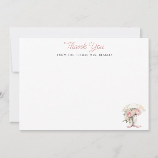 Witte Regenlaarzen & Roze Pioenrozen Platte Bruilo Bedankkaart (Voorkant)