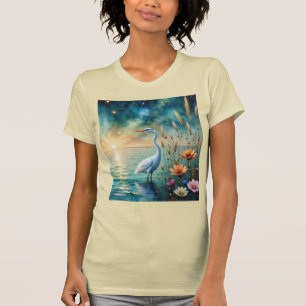 Witte reiger & bloemen in water t-shirt