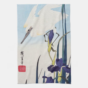 Witte reiger en bloeiende irissen, Hiroshige Theedoek