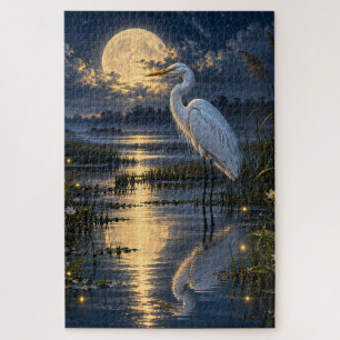 Witte reiger in maanlicht Gouden Maan Wetland Legpuzzel