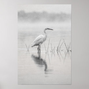 Witte Reiger in Nevel Zwart-Wit Poster