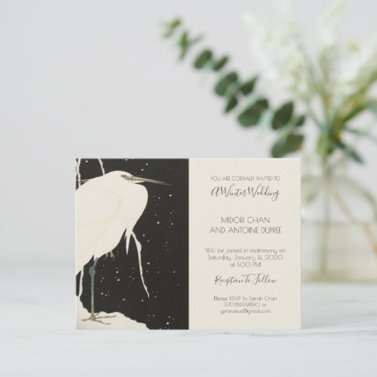 Witte Reiger In Winterse Sneeuw Bruiloft Uitnodiging Briefkaart (Staand voorkant)