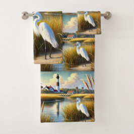 Witte Reiger Moeras en Vuurtoren Bad Handdoek Set