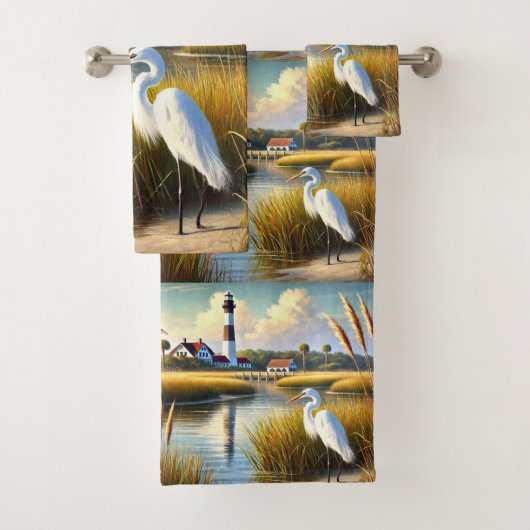 Witte Reiger Moeras en Vuurtoren Bad Handdoek Set (Insitu)