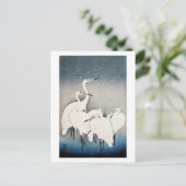 Witte reigers in de sneeuw, Ohara Koson, Woodcut Briefkaart (Staand voorkant)