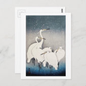 Witte reigers in de sneeuw, Ohara Koson, Woodcut Briefkaart (Voorkant / Achterkant)
