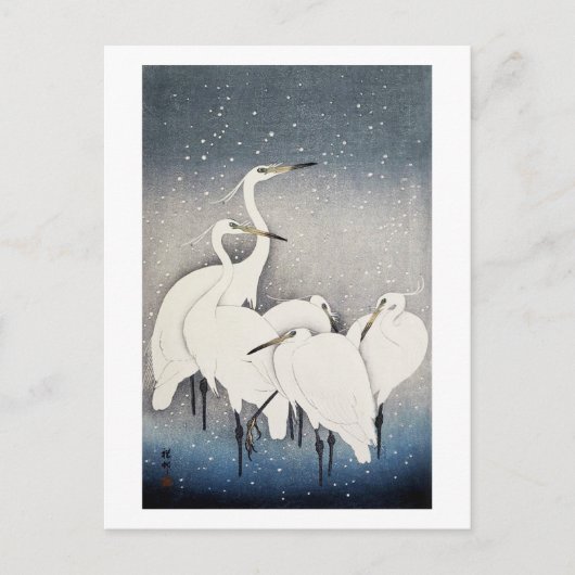 Witte reigers in de sneeuw, Ohara Koson, Woodcut Briefkaart (Voorkant)