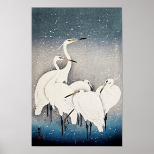 Witte reigers in de sneeuw, Ohara Koson, Woodcut Poster