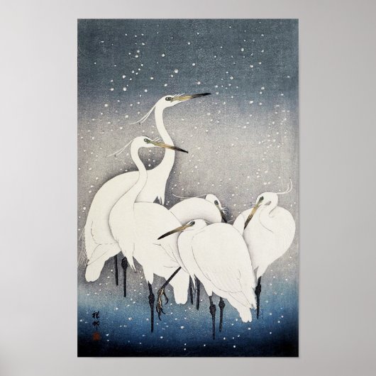 Witte reigers in de sneeuw, Ohara Koson, Woodcut Poster (Voorkant)