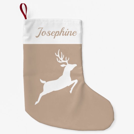 Witte rendier silhouet op beige en aangepaste naam kleine kerstsok (Voorkant)