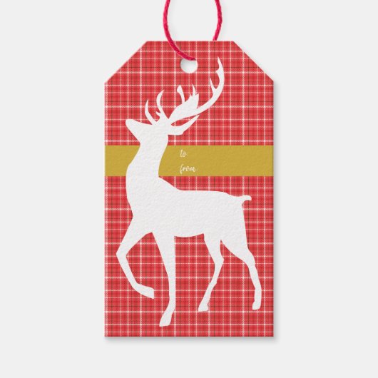Witte rendieren rood geruite twill vrolijk kerstfe cadeaulabel (Voorkant)
