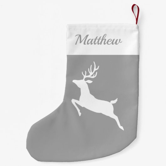Witte rendiersilhouet op grijze en aangepaste naam kleine kerstsok (Achterkant)