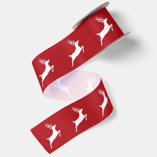 Witte rennende rendier silhouet op rood satijnen lint (Achterkant)
