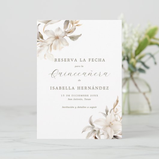 Witte Reserva la Fecha Spaanse Quinceañera Save The Date (Staand voorkant)