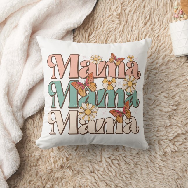 Witte Retro Bloem Vlinder Mama Typografie Kussen (Deken)