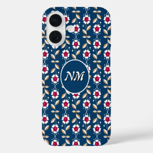Witte retro bloemen op een donkerblauwe achtergron iPhone 16 hoesje