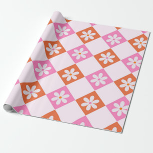 Witte Retro Bloemen op Oranje en Roze Diamanten Cadeaupapier
